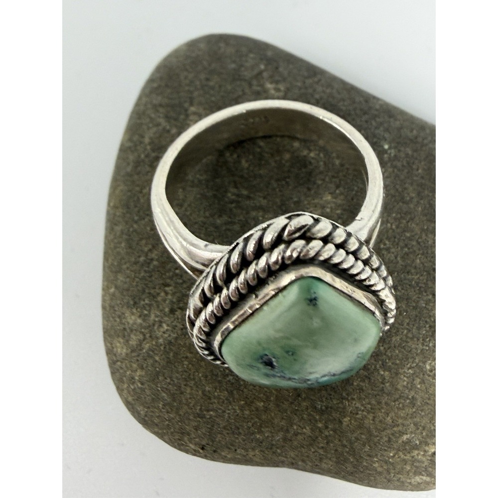 Vintage Green Turquoise Sterling Silver Ring 925 Navajo Rope Border Size 6 - Picture 9 of 10
